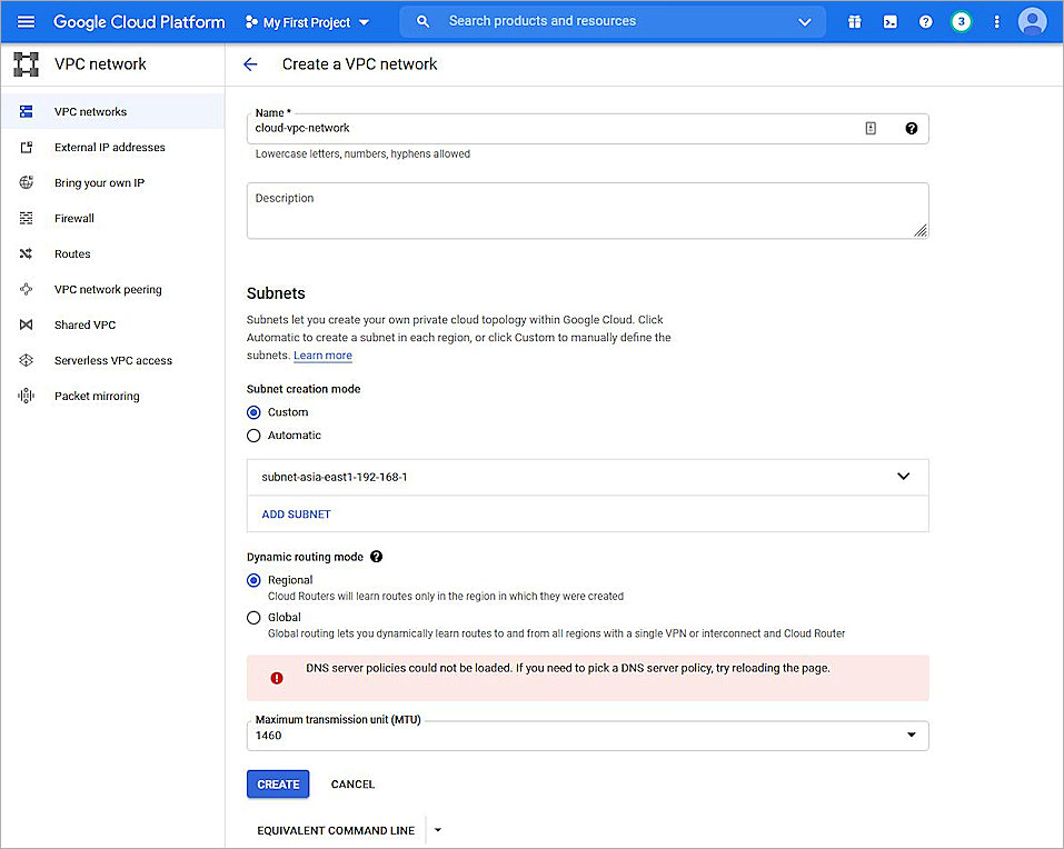 Screenshot of the completed VPN network settings in Google Cloud